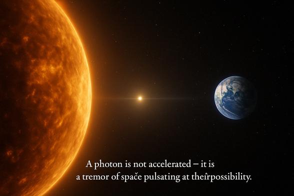 Das Bild zeigt eine fotorealistische Szene im Weltraum: Links dominiert die Sonne, die als glühend-oranger Himmelskörper mit leuchtender Korona erscheint. Von ihr ausgehend zieht sich ein schmaler, fast unsichtbarer Lichtstrahl – das symbolisierte Photon – durch das schwarze All in Richtung Erde, die rechts im Bild als blau-grüner Planet mit deutlicher Wolkenstruktur und Tag-Nacht-Grenze zu sehen ist. Im Hintergrund breitet sich der tiefe, dunkle Weltraum mit feinen Sternpunkten aus.

Unten im Bild ist ein poetischer Text eingefügt:
„A photon is not accelerated – it is
a tremor of space pulsating at their possibility.“

Die Gesamtstimmung vermittelt Weite, Stille und die geheimnisvolle Schönheit der kosmischen Reise eines einzigen Lichtteilchens. Das Photon selbst erscheint als winziger, leuchtender Punkt in der Mitte zwischen Sonne und Erde – Sinnbild für die unmittelbare und zeitlose Natur des Lichts.🖖