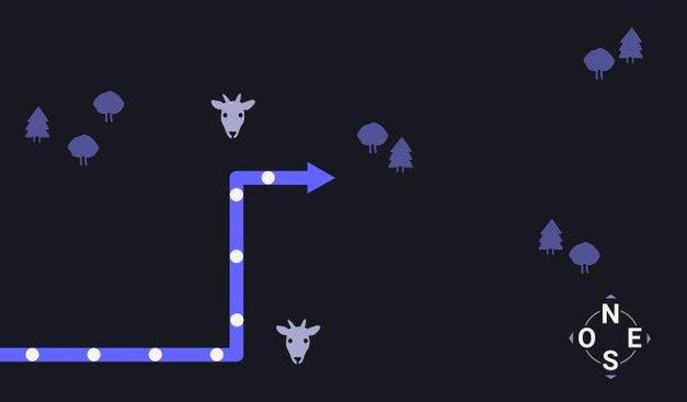 Visualisation simple d'un itinéraire qui dévie vers le nord puis dévie vers l'est, avec quelques icones représentant les arbres de la forêt, une ligne représentant le chemin parcouru, et deux têtes d'animal en obstacles.