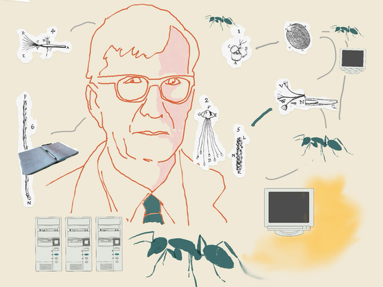 Illustration mir einer skizzierten Darstellung von Bruno Latour und verschiedenen Objekten wie Computer, Monitore, Bazillen als Zeichnungen