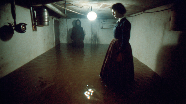 Murmures Engloutis.
Image inquiétante dans une cave inondée, deux silhouettes figées sous une lumière blafarde, évoquant une scène oubliée d’un film d’horreur des années 70.
Disturbing scene in a flooded basement, two frozen figures under a pale light, evoking a lost 1970s horror film frame.