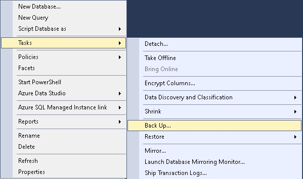screen shot of MS SQL Server Management Studio highlighting the options "Tasks" and "Back up..."