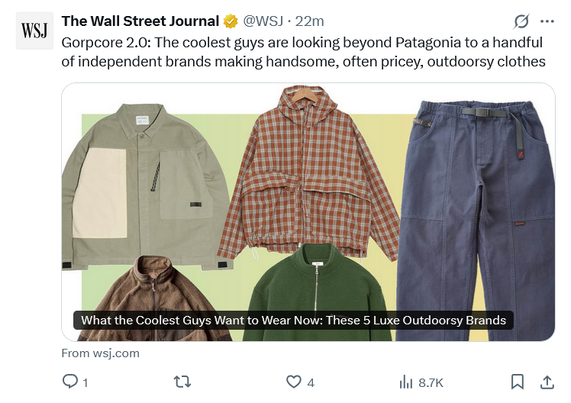 WSJ text: Gorpcore 2.0: The coolest guys are looking beyond Patagonia to a handful of independent brands making handsome, often pricey, outdoorsy clothes.