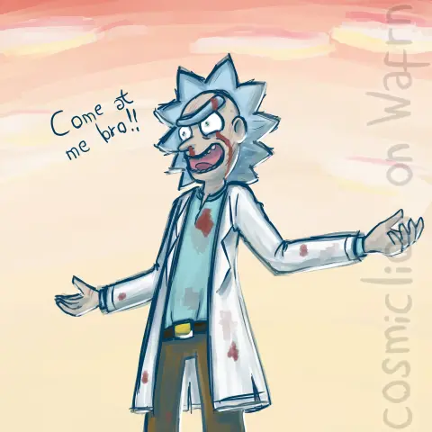 Digital fully rendered illustration of Rick Sanchez from Rick and Morty, drawn from the knees up. He is standing facing an unseen threat, opening his arms in a defiant gesture. His clothes are torn and have blood stains. His nose and left eyebrow are bleeding. He is saying "Come at me bro!!" The background is an orange sky with some pale yellow clouds.