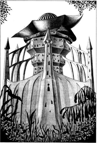 A fantasy "castle" from an early The Dark Eye RPG adventure. Faux-gothic arches, no right angles, and a hexagonal outer wall. The top looks more like an odd had than a roof, and every floor is wider than the one below it.