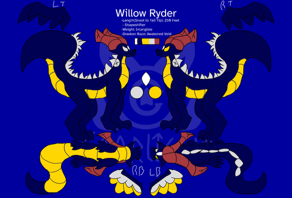 A dark purple dragon with gold and silver eyes and gold central scales, she has a white gem in the middle of her forehead.