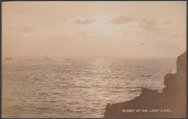 Sepia real photographic postcard showing a view of the sunset at Land's End in Cornwall.

Publisher not stated, not numbered, with Land's End cachet type 2A.

Postally used on 24 May 1910 with squared circle Sennen cancellation on green halfpenny stamp and sent to Miss Lendon, 77 Kensington Avenue, Watford, Hertfordshire.

Very good condition, with slight corner bumps.