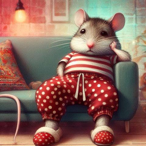 KI-Bild (DALL•E3):

Hamster Holly hängt müde auf dem Sofa. Er trägt zwar muntere rot-weiße Bequemsachen, wirkt aber eher missmutig. Von Miss Meeps sieht man nur noch den Mäuseschwanz links am Bildrand. Dass eine kleine Maus sooo schnarchen kann! *kicher*