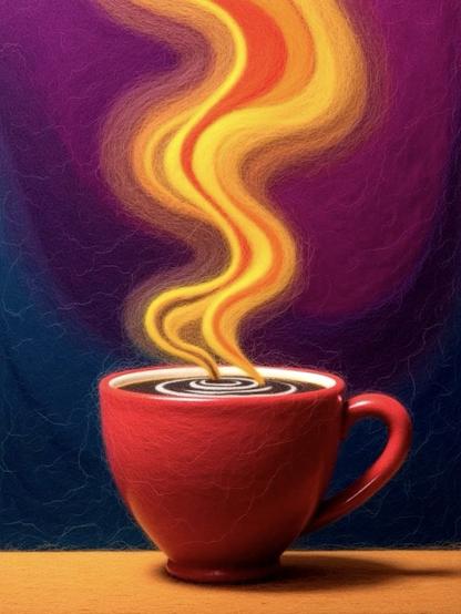 KI-Bild (Flux mit eigenem LoRa via NightCafe):

Das ersehnte Heißgetränk! Eine rote wollige Kaffeetasse. Vom Kaffee mit Milchwölkchen steigt goldener Duft und Dampf auf. Alles aus KI-Wolle gefilzt.