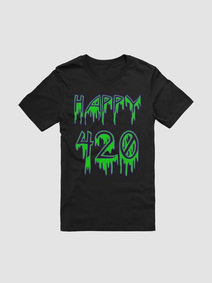 The front of a black t-shirt with "Happy 420" in creepy, dripping font. The letters and numbers are bright green with a purple outline.