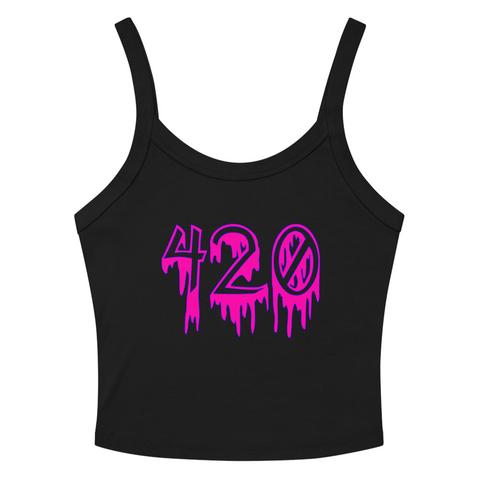 The front of a black tank top with the number 420 in a creepy, dripping font. The numbers are pink with a blue outline.