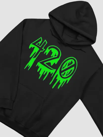 The front of a black hoodie with the number 420 in a creepy dripping font. The numbers are green with a purple outline. The hoodie is turned sideways.