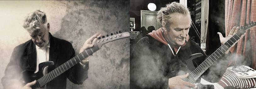 Two photos next to each other: David Lynch playing a black guitar. Erik van Schaaik playing an identical guitar.