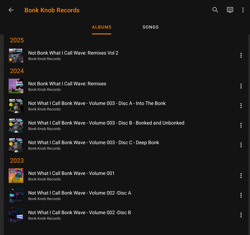 A tablet screenshot of a dark kode vlc player showing all the Bonk releases i have, including this week's remixes.