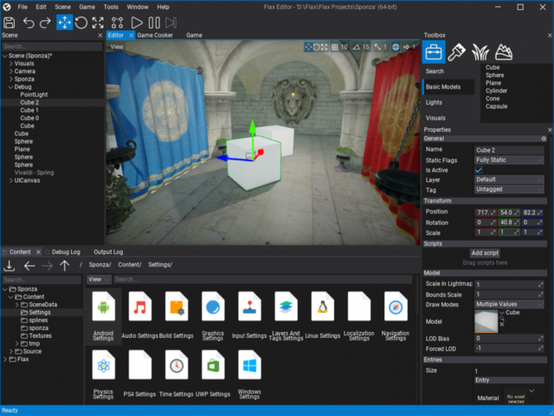 🕶️ A view of its UI with in the center the scene under development (a room that looks like the inside of a temple with a stone lion carved on one of the walls, curtains on the left and right, a stone floor. On the right side of the UI, a settings area, the "Toolbox" button is selected, on the left side of the UI the scene tree (split into Visuals, Camera, Sponza, Debug, UICanvas and submenus), at the bottom of the UI, the Sponza tree is expanded with in a Settings subdirectory icons of files corresponding to several OS. At the top of the UI, the main menu and below icons of other menus. 

📚️ Flax Engine is an open source (commercial), multi-platform, lightweight and agile game engine designed to offer the best performance (full clone from the repo + compile in less than 3 minutes) while offering excellent tools (seamless integration of C++, C# and Visual Scripting via its extensible editor, cvs support, GPU lightmap baking, VFX tools, open world design tools, ...) and scalability (projects can grow from 5 to 50 developers with ease).  Use Flax for free, pay 4% when you release (above first $250k per quarter).