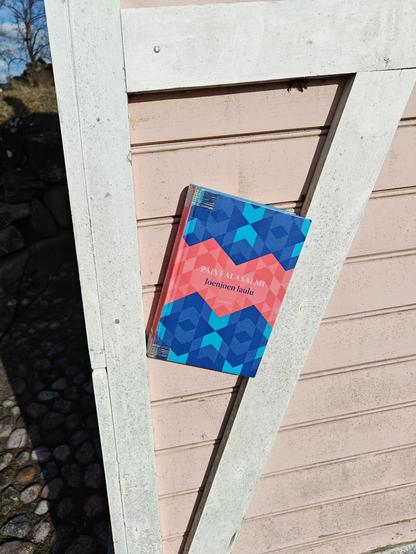 Kuvassa Joenjoen laulu -kirja kuvattuna vaaleanpunaista seinää vasten.