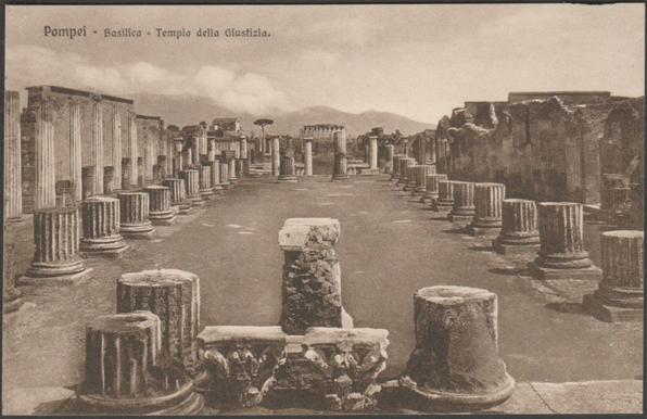 Printed sepia postcard showing a view of the Basilica of the Temple of Justice at Pompeii in Campania, Italy.

Published by Brunner & C, Como for the Hotel Suisse, Pompei, No 70, c.1910s.

Postally unused.

Good condition, with minimal corner bumps, but knock to right end of top edge, otherwise excellent.