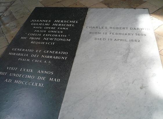Photo of Darwin’s and Herschel’s headstones in Westminster Abbey, via Wikimedia Commons.