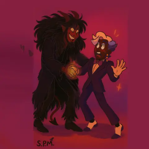 A drawing of The Devil and King Dice from the game Cuphead, as human. They seem to be making a deal, with Dice looking shocked, but with a bit of blush.