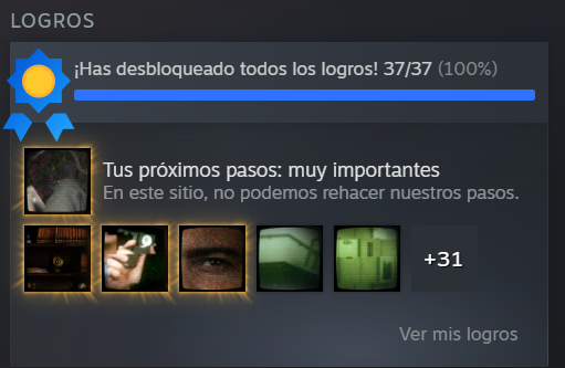 Captura de pantalla mostrando logros del juego desbloqueados, 37 de 37