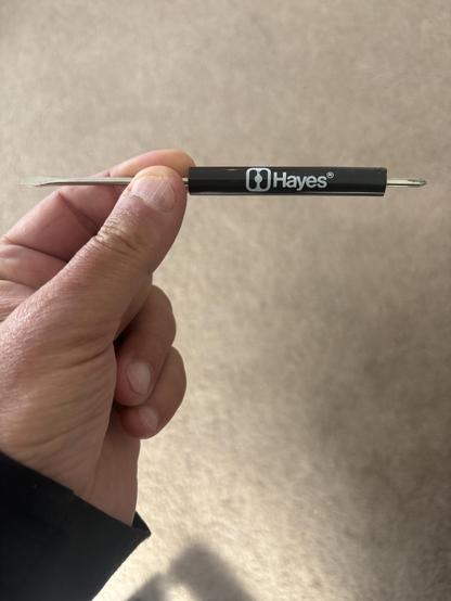Closeup of a hand holding a small pencil-sized screwdriver with a flathead on one side, and a phillips head on the other, labeled with "Hayes" and the Hayes Microsystems logo