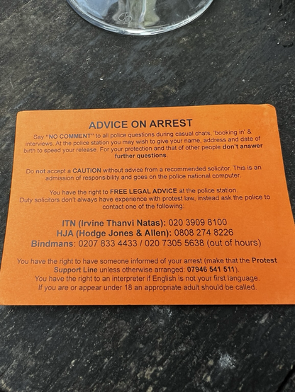 ADVICE ON ARREST Say "NO COMMENT" to all police questions during casual chats, 'booking in' & interviews. At the police station you may wish to give your name, address and date of birth to speed your release. For your protection and that of other people don't answer further questions. Do not accept a CAUTION without advice from a recommended solicitor. This is an admission of responsibility and goes on the police national computer. You have the right to FREE LEGAL ADVICE at the police station. Duty solicitors don't always have experience with protest law, instead ask the police to contact one of the following: ITN (Irvine Thanvi Natas): 020 3909 8100 HJA (Hodge Jones & Allen: 0808 274 8226 Bindmans: 0207 833 4433 / 020 7305 5638 (out of hours) You have the right to have someone informed of your arrest (make that the Protest Support Line unless otherwise arranged: 07946 541 511). You have the right to an interpreter if English is not your first language. If you are or appear under 18 an appropriate adult should be called.