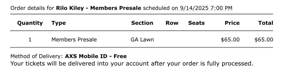 Email confirmation of Rilo Kiley concert tickets.