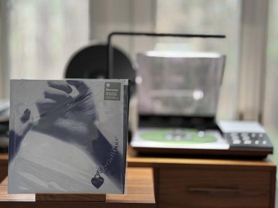 Momma - Welcome to My Blue Sky LP cover.

A blue-tinted picture of two (female) hands doing a pinky swear.

The “coke bottle clear” LP plays on a vintage, restored Bang & Olufsen Beogram 8002 linear-tracking turntable to the right.