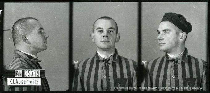 A mugshot registration photograph from Auschwitz. A man with a shaved head wearing a striped uniform photographed in three positions (profile and front with bare head and a photo with a slightly turned head with a hat on). The prisoner number is visible on a marking board on the left.