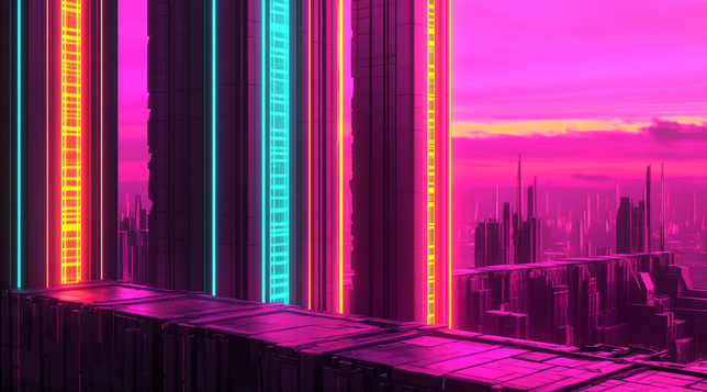 Hyperstructure.
Gratte-ciels massifs aux façades colorées de lumières saturées, dans une mégalopole futuriste baignée de rose et de lignes verticales infinies.
Massive skyscrapers with saturated light façades, in a futuristic megacity bathed in pink and endless vertical lines.