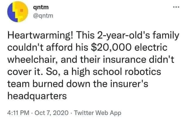 Heartwarming! This 2-year-old's family couldn't afford his $20.000 wheelchair, and their insurance company didn't cover it. So, a high school robotics team burnt down the insurer's headquarters