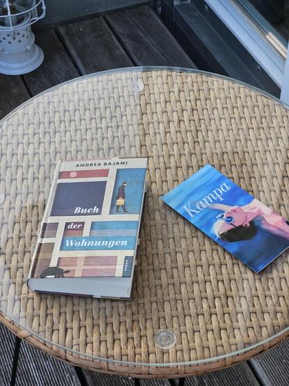 Ein Buch mit dem Titel "Buch der Wohnungen" liegt geschlossen auf der Glasoberfläche eines hellbraunen Rattantisches. Das Bild zeigt verschiedene Rechtecke unterschiedlicher Farben auf braunen Grund. Oben Rechts ist ein längliche rotbraunes Rechteck in dem ein weißer Kreis, vielleicht der Mond, enthalten ist. Auf der rechten oberen Bereichs des Buchcovers ist ein blaues hochkant stehendes Rechteck, in dem ein stehender Mann mit schwarzbrauner Jacke und gräulicher Hose und rotbraunes Schuhe von der rechten Seite im Profil abgebildet ist. Er trägt eine gelbe Aktentasche in der Hand. Unten links auf dem ich over findet sich das Profil einer Schildkröte. 

Rechts daneben ein Katalog des Verlages Kampa. Dieser hat den Verlagsnamen als Schriftzug auf dem Bild  einer Frau mit blauer Sonnenbrille und schwarzen Haaren, die auf dem Rücken im Wasser liegt. Die Haare sind entweder nach hinten gebunden unter fallen nach unten ins Wasser. Die beiden Arme der Frau sind seitwärts ausgestreckt wobei der linke Arm unter dem Schriftzug Kampa und unter dem gezeichneten blau des Wassers verschwindet. Der Rechte Arm ist kaum zu sehen und endet in der unteren rechten Ecke des Bildes des Kataloges. Das Bild ist geprägt durch das blau des Wassers und dem hellrosa Hautton der Frau. Man sieht, wie das Licht der Sonne auf die Stirn und den Oberkörper der Frau scheint.