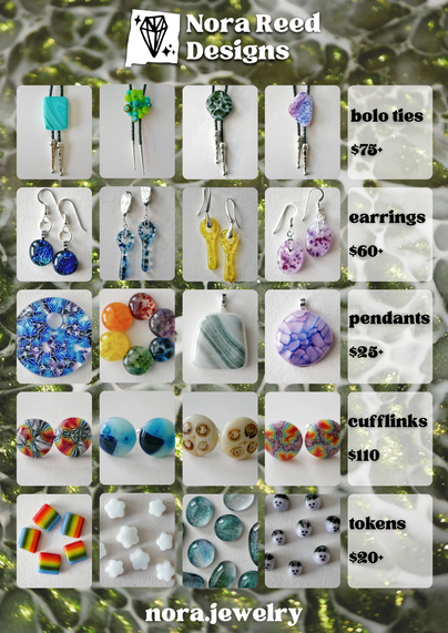 Nora Reed Designs

bolo ties $75+

earrings $60+

pendants $25+

cufflinks $110

tokens $20+

nora.jewelry