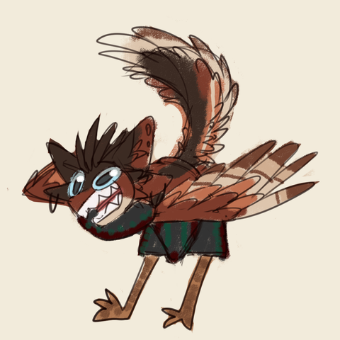 A very quick sketch of an avali. He is bent over, wings extended, and his teeth are exposed. His tail his high above his head. He is screaming!