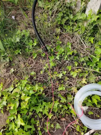 Over 30m away from the previous photo is the same black conduit with the same pink string coming out of it, but this is still tied to some nylon fish tape.