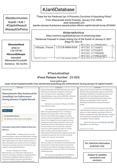 Screenshots of court information pertaining to convicted January 6th rioter Vincent Gillespie (Athol, Massachusetts).