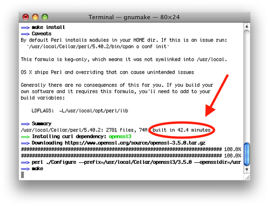 Mac OS X Leopard terminal screenshot showing that perl 5.40.2 took 42.4 minutes to compile on a PowerPC G4 CPU. Yowch!