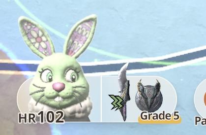 My character is wearing a giant pale green bunny head with patterned ears, giant eyes , buck teeth, and a white ruffle.