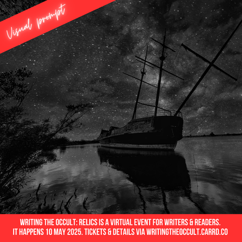 A black and white image shows a starry sky with little cloud, and a still lake with bushes poking over at left. At the centre is an old wooden ship with three masts, one of which is bending over.
