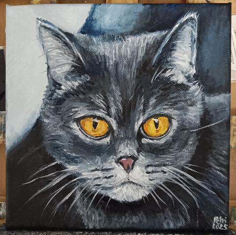 An oil painting of a gray cat with bright yellow eyes.