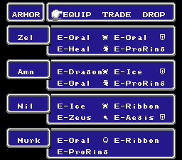 Armor screen showing Zel with Opal Armour, Opal Shield, Heal Helmet, and Pro-Ring; Amn with Dragon Armour, Ice Shield, Opal Helmet, and Pro-Ring; Nil with Ice Armor, Ribbon, Zeus Gauntlet, and Aegis Shield; and Murk with Opal Bracelet, Pro-Ring, and Ribbon.