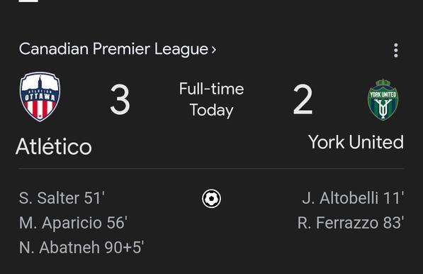 A screenshot of the Google match report for Ottawa vs York showing the final score of 3-2 for Ottawa