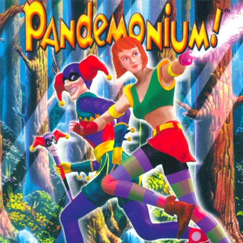 Promotional image of the game "Pandemonium", with its two protagonists: a red-head magician girl and a joker.