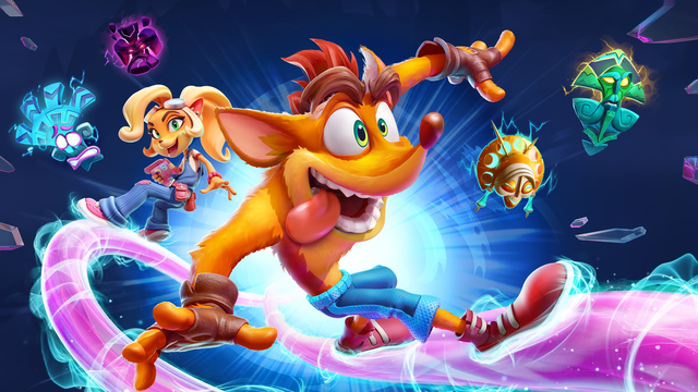 Promotional image of the game "Crash Bandicoot 4", with its protagonist and some other characters.
