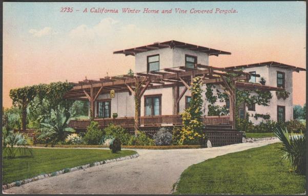 Printed colour postcard showing a view of an Allen Mission Home at Altadena, California, USA, though labelled as a generic Californian winter home.

Published by Edward H. Mitchell, San Francisco, No 2735, c.1905-10.

Postally unused.

Very good condition, with minimal corner bumps.