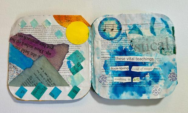 A landscape abstract collage. The left side gives the impression of a mountain with the sun overhead made with different colors and shapes of paper taken from different books and dyed with ink. The right side has a blue ink splotch a circle cut from sheet music with blue ink at the edges, smaller circles cut from security envelopes, and a scrap of torn paper with letters in it. The found text haiku collage (text in post) is on top of these elements.