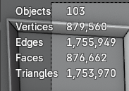 Blender Statistics:
Objects: 103
Vertices: 879,560
Edges: 1,755949
Faces: 876,662
Triangles: 1.753,970