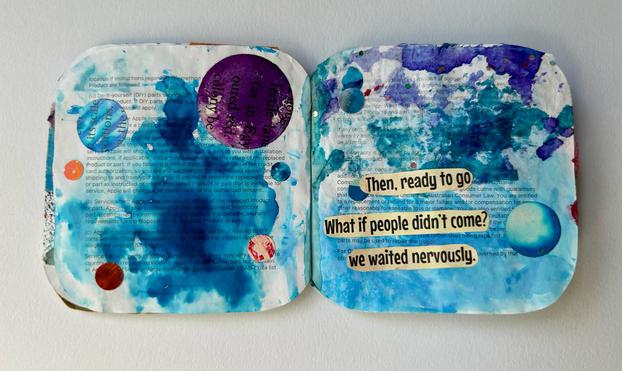 A landscape, abstract collage in a small booklet. Blue ink splotches cover much of the background. They are several circles of varying sizes punched from different colors and types of paper. Some darker blue and purple tissue paper is collaged over the top. The right side has the found text haiku collage (text in toot).