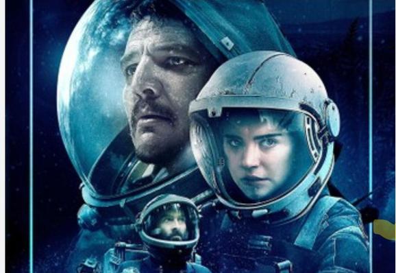 Wearing astronaut suits with closed helmets is mustachioed Pedro Pascal, Sophie Thatcher and mustachioed Jay Duplass, all looking concerned.