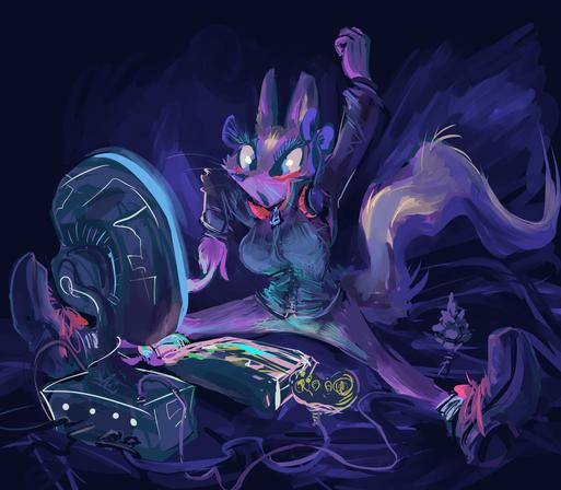 skunk creature with adult human proportions wearing a jacket and shoes sits strangely in front of a non-scientifically-rendered electronic device and appears angry