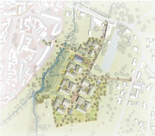 Zu sehen ist eine Grafik mit einer Planskizze eines künftigen Baugebiets, des so genannten Treinhaus-Areals